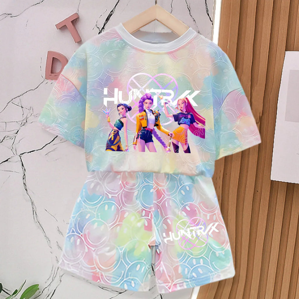 KPop Demon Hunters New T-shirt Pants Set Girls Summer Clothing Kawaii Smile Face Short Sleeve Outfits Kids Tee Top Pajamas Gift