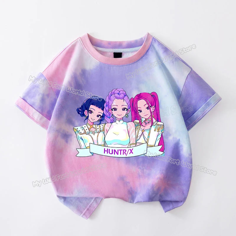 KPop Demon Hunters Tie-dye T-shirt for Girl Short Sleeve Tops Rumi Mira Zoey Print Tee Shirts Cute Summer Children's Clothing