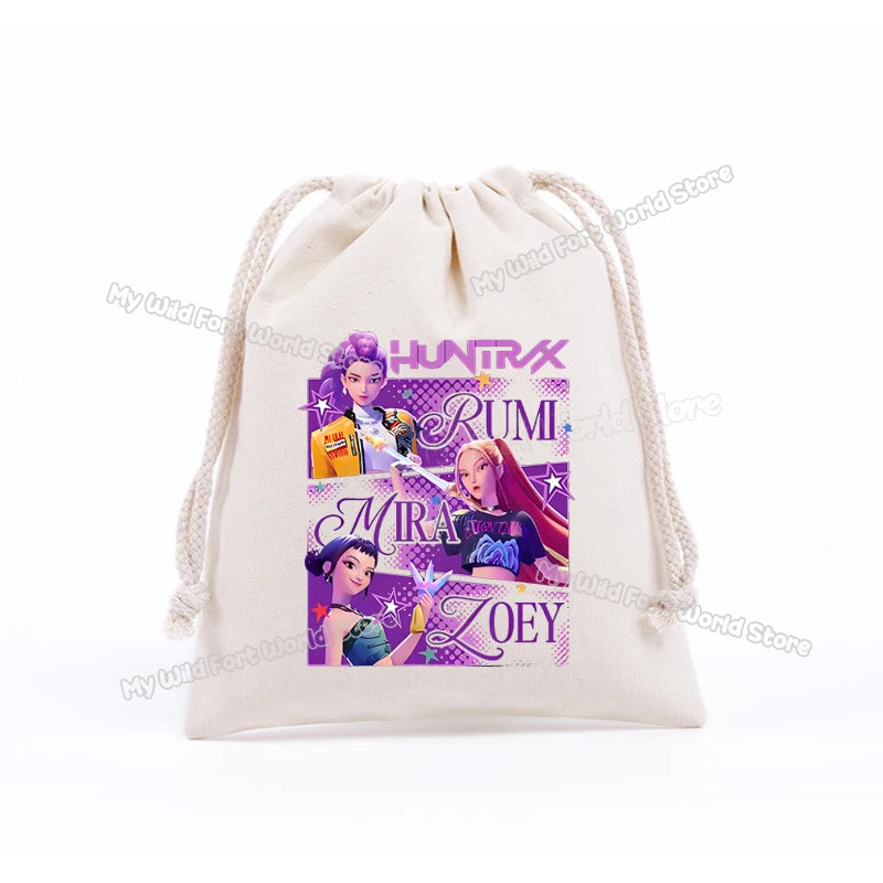 KPop Demon Hunters Storage Drawstring Bag Music Cartoon Party Cookies Candy Package Kids Gift Bags Print Cotton Key Pouch