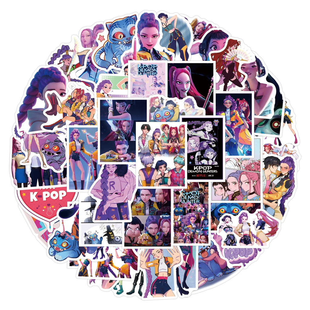 55PCS Funny KPOP Demon Hunters Cartoon Stickers Animation Movie Decals DIY Kids Toys Laptop Guitar Car Bike Graffiti Decoration