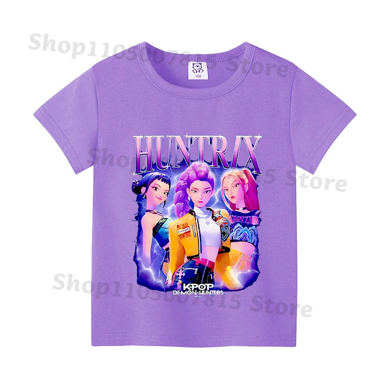 Kpop Demon Hunters T-shirts for Boys Girls Anime Cartoon Cute Short Sleeved Top Children Summer Fashion T-shirt Kids Clothes