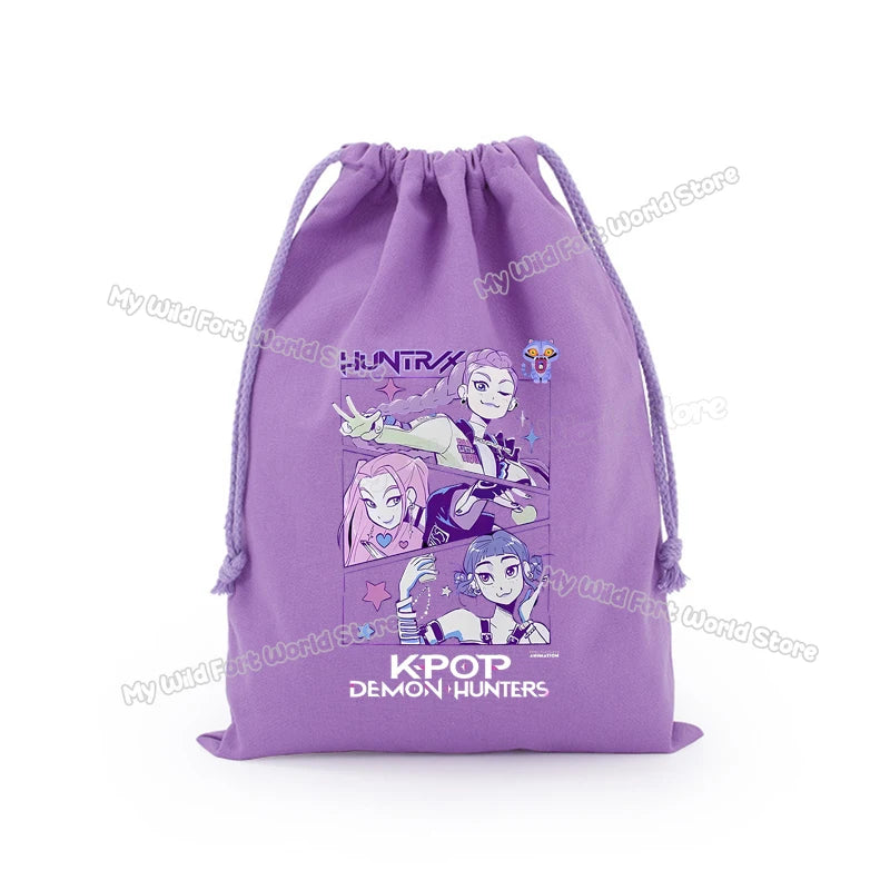 KPop Demon Hunters Storage Drawstring Bag Music Cartoon Party Cookies Candy Package Kids Gift Bags Print Cotton Key Pouch
