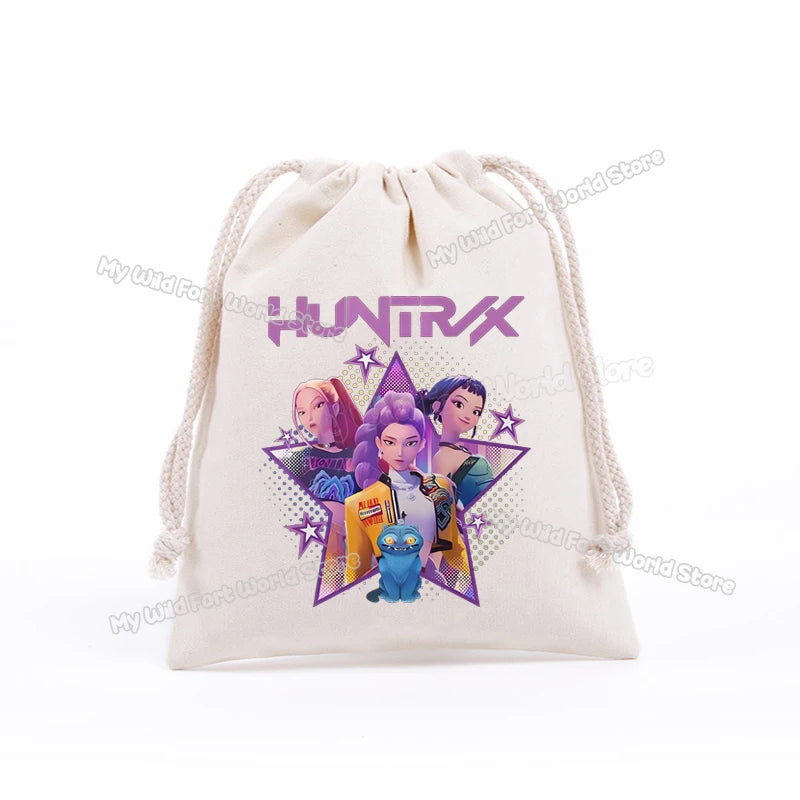 KPop Demon Hunters Storage Drawstring Bag Music Cartoon Party Cookies Candy Package Kids Gift Bags Print Cotton Key Pouch