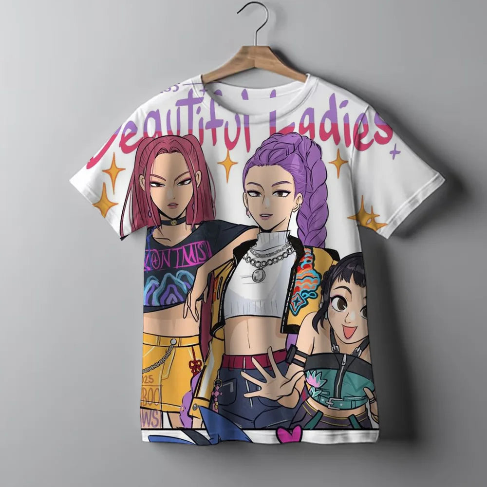 KPop Demon Hunters Tie-dye T-shirt for Girl Short Sleeve Tops Rumi Mira Zoey Print Tee Shirts Cute Summer Children's Clothing