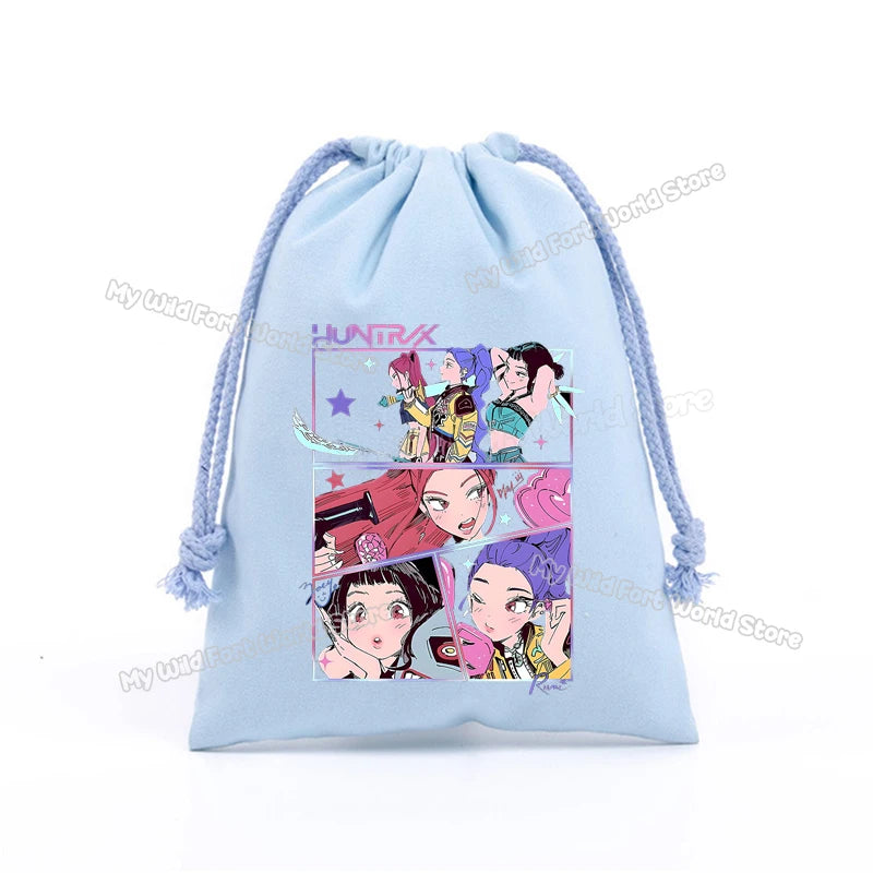KPop Demon Hunters Storage Drawstring Bag Music Cartoon Party Cookies Candy Package Kids Gift Bags Print Cotton Key Pouch