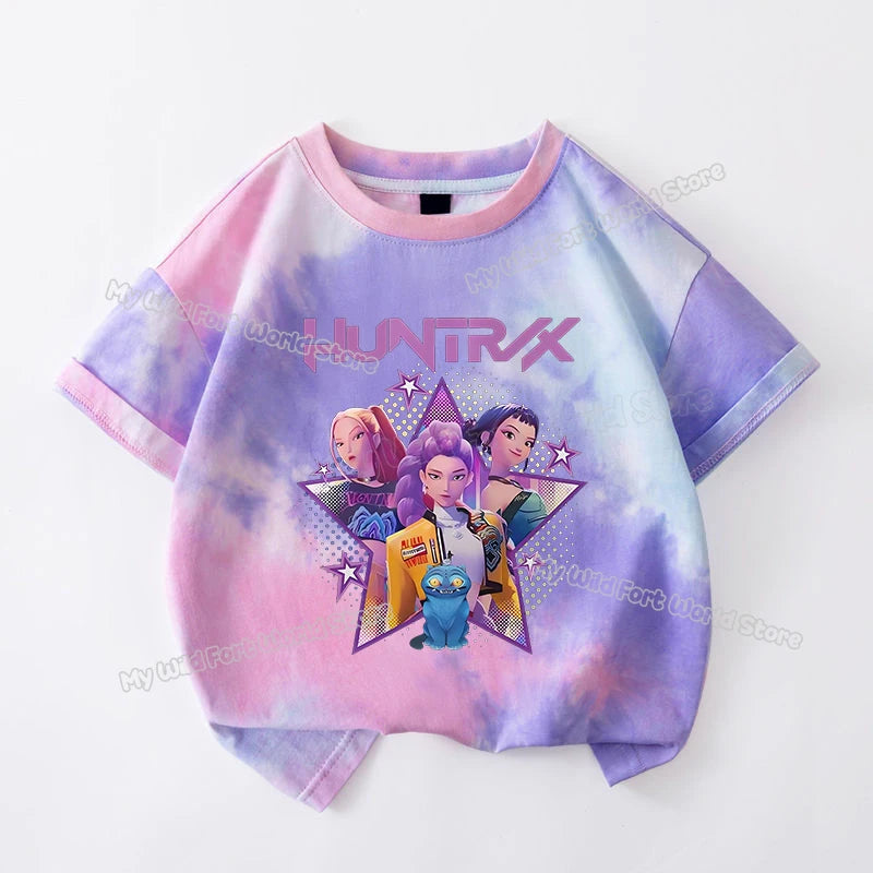 KPop Demon Hunters Tie-dye T-shirt for Girl Short Sleeve Tops Rumi Mira Zoey Print Tee Shirts Cute Summer Children's Clothing