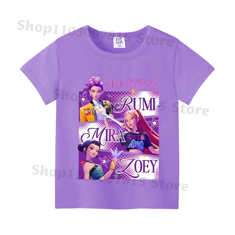 Kpop Demon Hunters T-shirts for Boys Girls Anime Cartoon Cute Short Sleeved Top Children Summer Fashion T-shirt Kids Clothes
