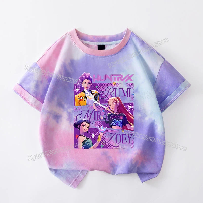 KPop Demon Hunters Tie-dye T-shirt for Girl Short Sleeve Tops Rumi Mira Zoey Print Tee Shirts Cute Summer Children's Clothing