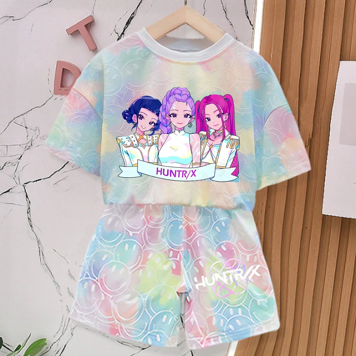 KPop Demon Hunters New T-shirt Pants Set Girls Summer Clothing Kawaii Smile Face Short Sleeve Outfits Kids Tee Top Pajamas Gift