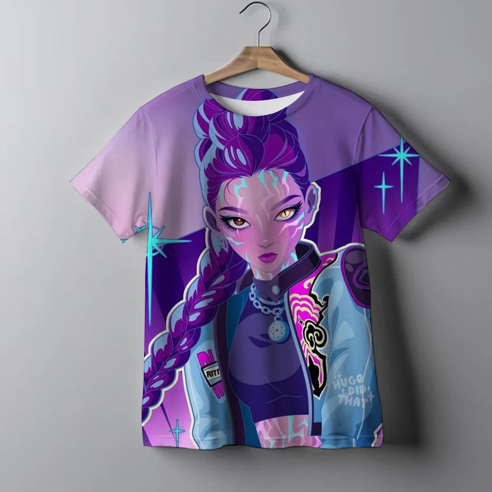 KPop Demon Hunters Tie-dye T-shirt for Girl Short Sleeve Tops Rumi Mira Zoey Print Tee Shirts Cute Summer Children's Clothing