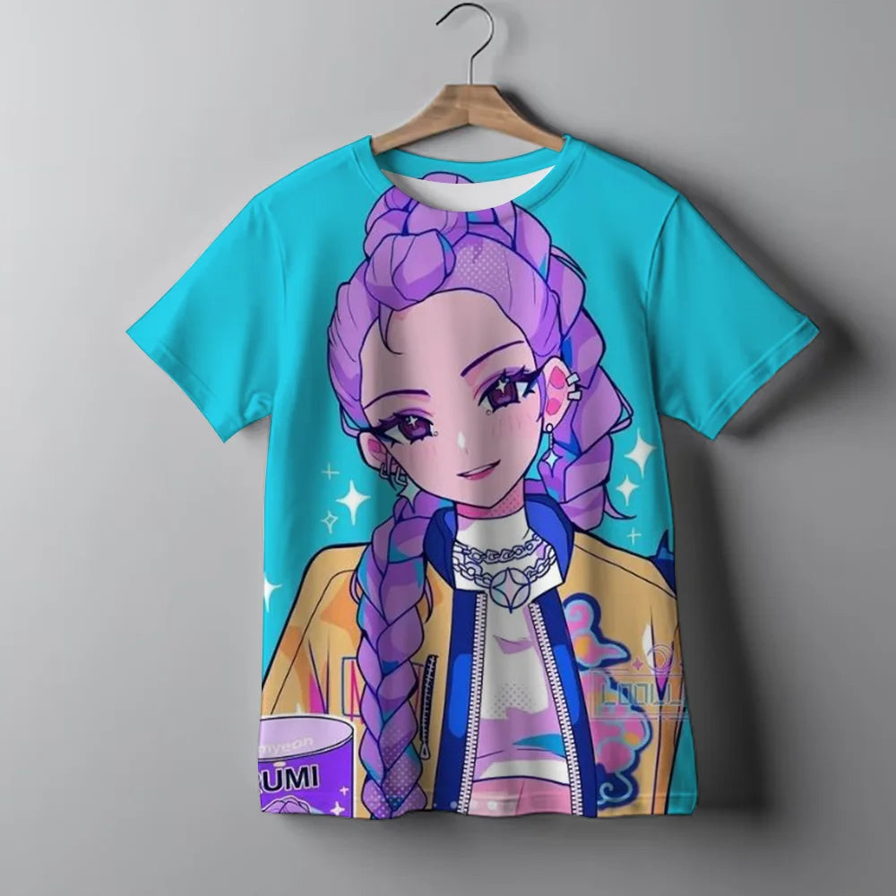 KPop Demon Hunters Tie-dye T-shirt for Girl Short Sleeve Tops Rumi Mira Zoey Print Tee Shirts Cute Summer Children's Clothing