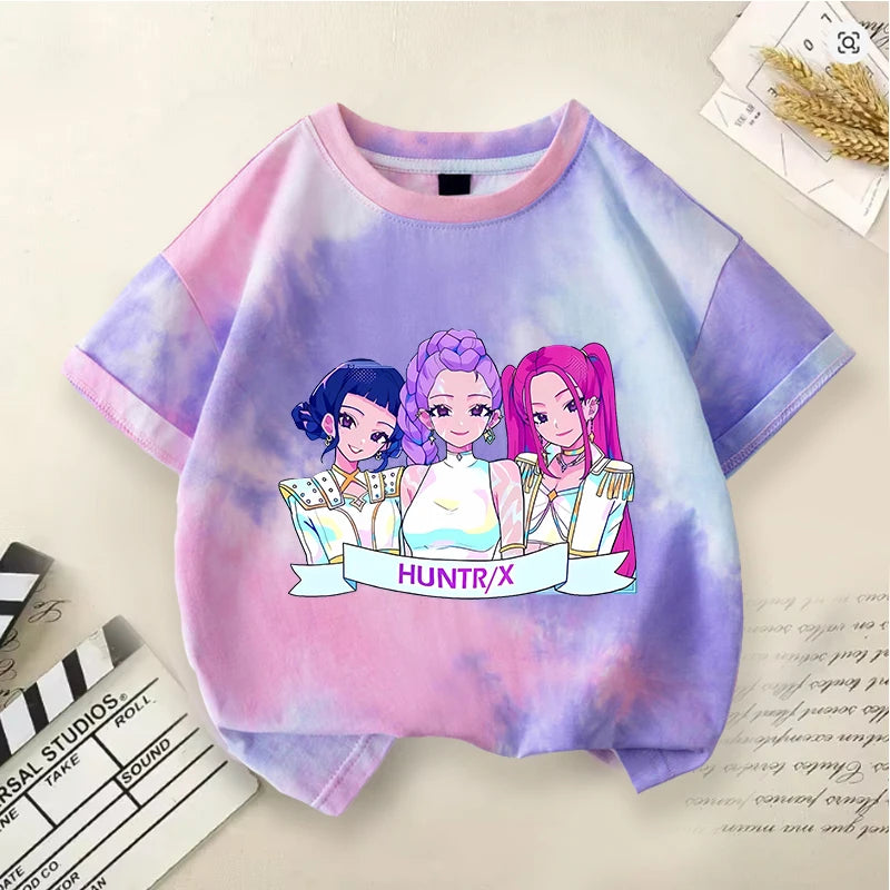 KPop Demon Hunters Tie-dye T-shirt for Girl Short Sleeve Tops Rumi Mira Zoey Print Tee Shirts Cute Summer Children's Clothing