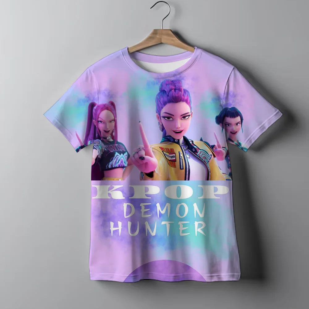 KPop Demon Hunters Tie-dye T-shirt for Girl Short Sleeve Tops Rumi Mira Zoey Print Tee Shirts Cute Summer Children's Clothing